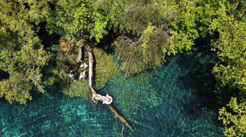 Clear freshwater lagoon surrounded by lush tropical forest at Ojos Indígenas Ecological Reserve in Punta Cana