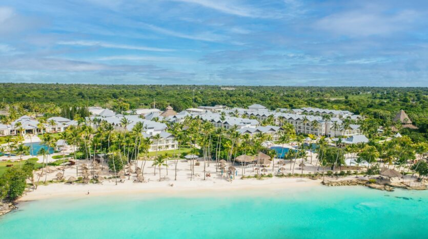 Infinity pool overlooking the Caribbean Sea at a luxury resort in La Romana, Dominican Republic