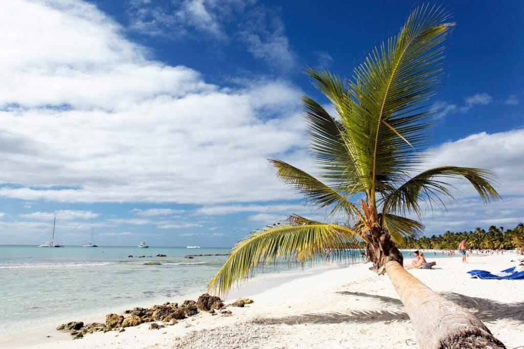 Aerial view of Saona Island’s white sandy beach and clear blue waters