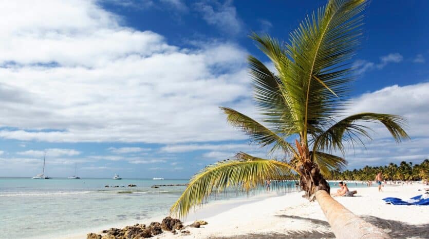 Aerial view of Saona Island’s white sandy beach and clear blue waters