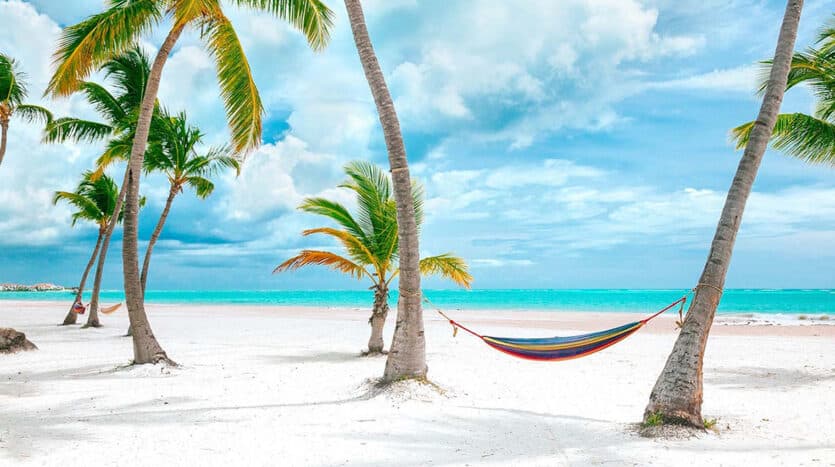 Aerial view of Punta Cana beach with turquoise water, palm trees, and white sand in the Dominican Republic