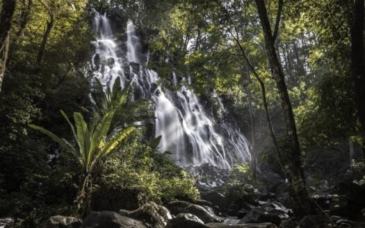 Drone view of winding river and cascading waterfalls at 27 Charcos, surrounded by dense tropical forest in the Dominican Republic