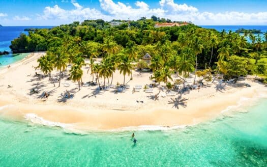 Luxury resort on Cayo Levantado Island (Bacardi Island), surrounded by palm trees and turquoise waters, Dominican Republic.