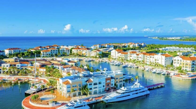 Luxury boats anchored at Cap Cana Marina, Dominican Republic.