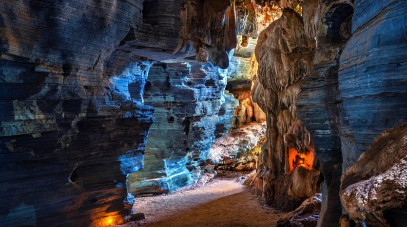 Interior of a limestone cave in the Dominican Republic with stalactites and natural formations