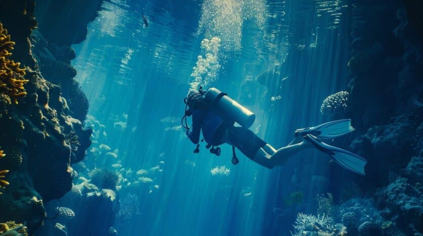 Scuba diver exploring vibrant coral reef in Punta Cana, Dominican Republic
