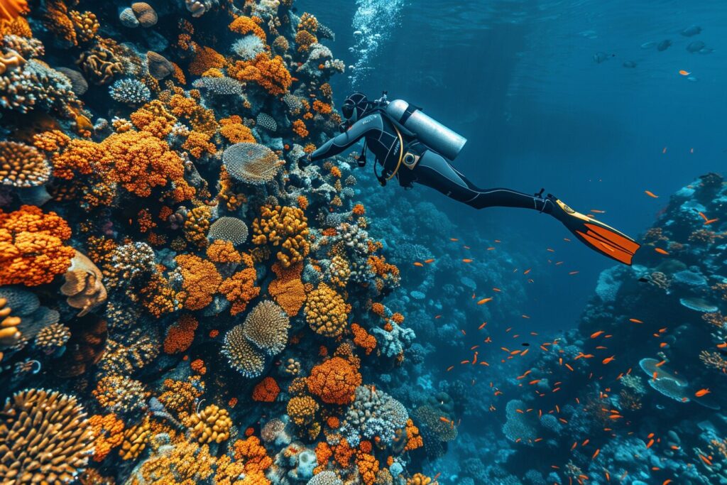 Scuba diver on a night dive in Sosúa, Dominican Republic with bioluminescent plankton