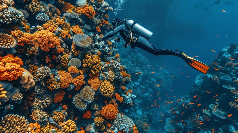 Scuba diver on a night dive in Sosúa, Dominican Republic with bioluminescent plankton