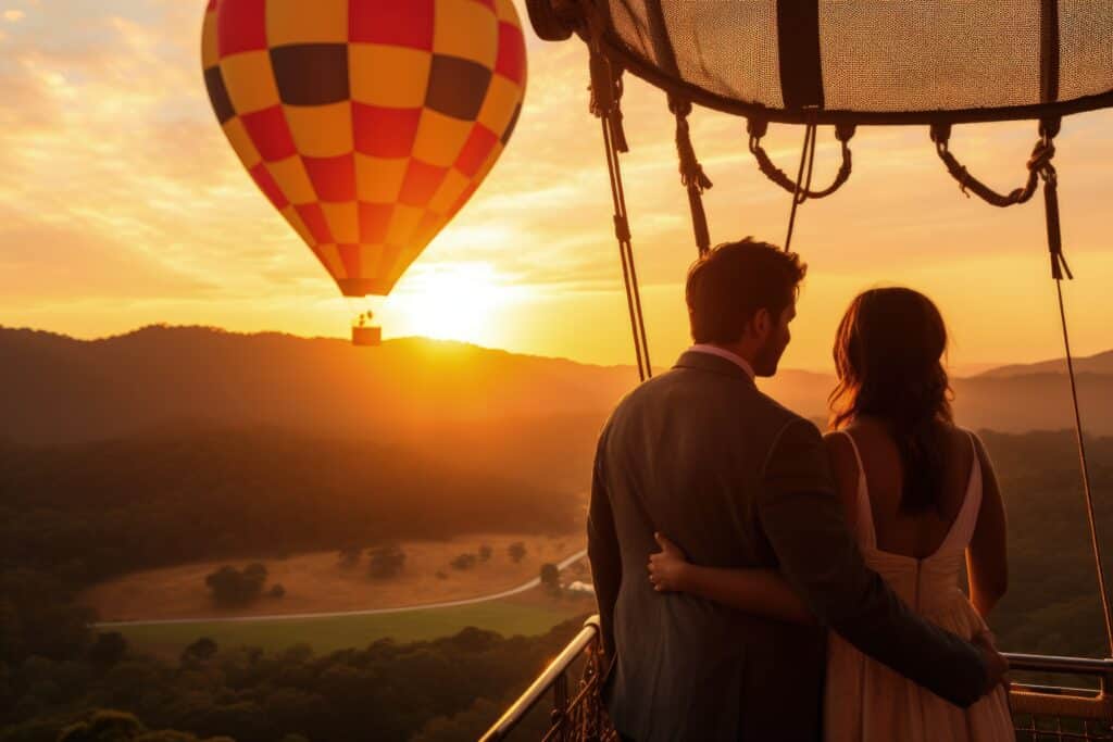 Hot air balloon drifting over misty fields at sunrise in the Dominican Republic.