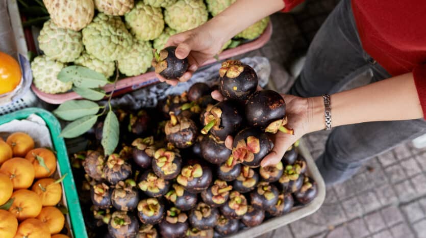 Fresh tropical fruits like mangoes, papayas, and pineapples on display at a Dominican Republic market stall.