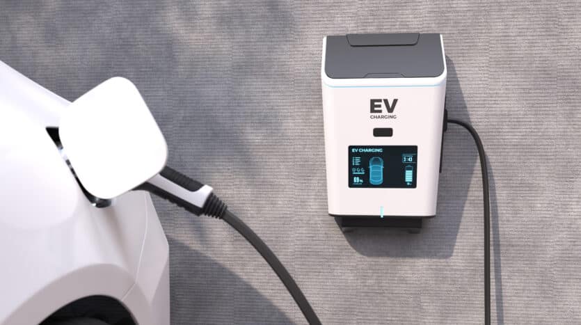 Electric car charging at a public EV station in Santo Domingo, Dominican Republic.