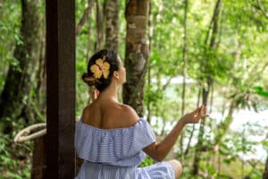 Eco-lodge surrounded by lush greenery in a rural area of the Dominican Republic.