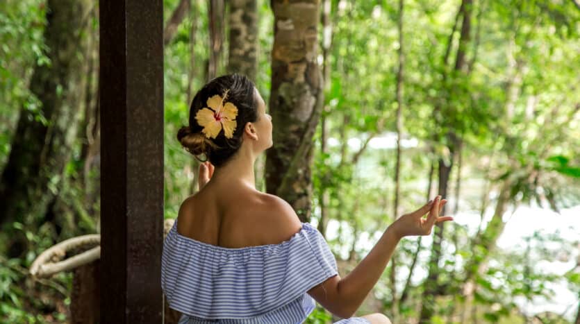 Eco-lodge surrounded by lush greenery in a rural area of the Dominican Republic.