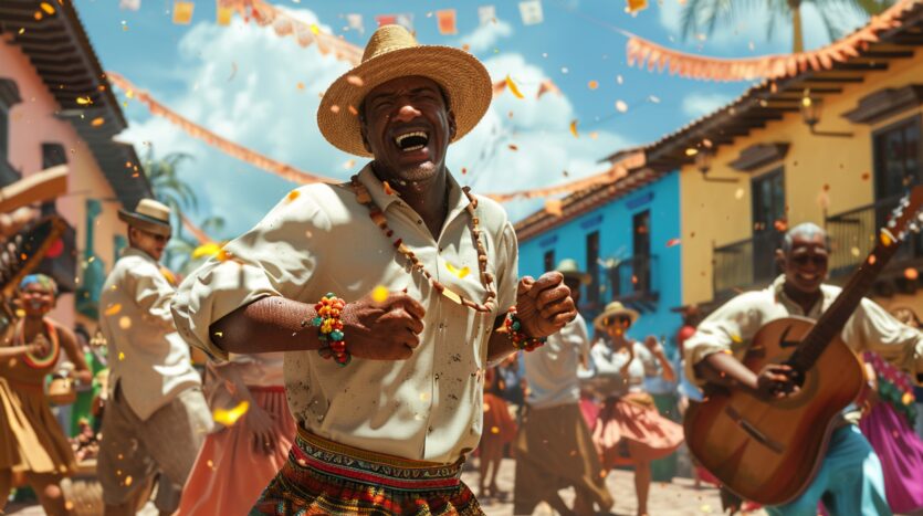 Vibrant dancers in traditional costumes performing at the Dominican Republic's Carnaval festival.
