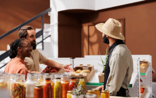Local chef guiding tourists through a Dominican market before a cooking class.