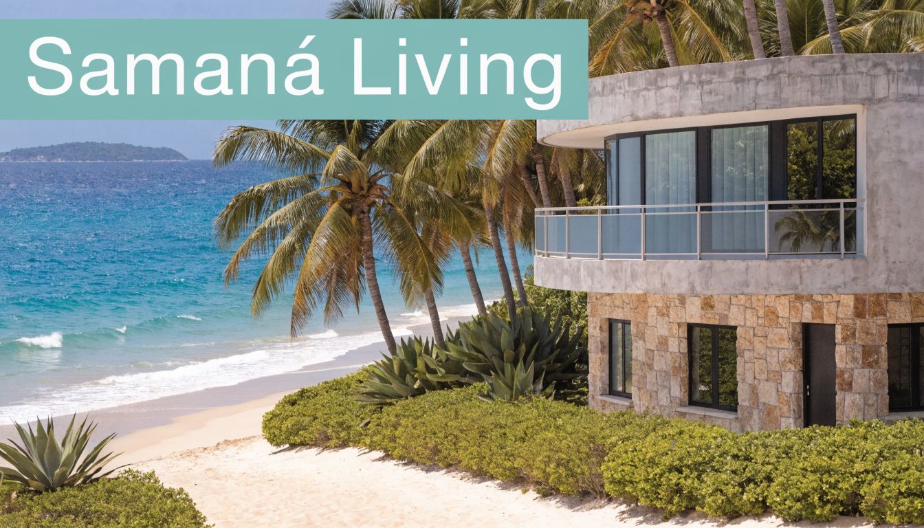 A modern beach villa with stone walls sits on a tropical shoreline by the blue Caribbean ocean.