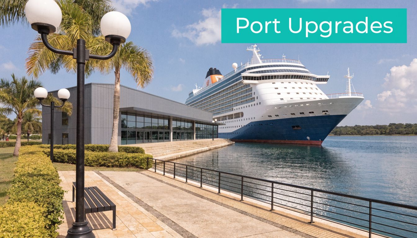 A modern cruise ship docked at a scenic port terminal with palm trees, a bench, and walkway.