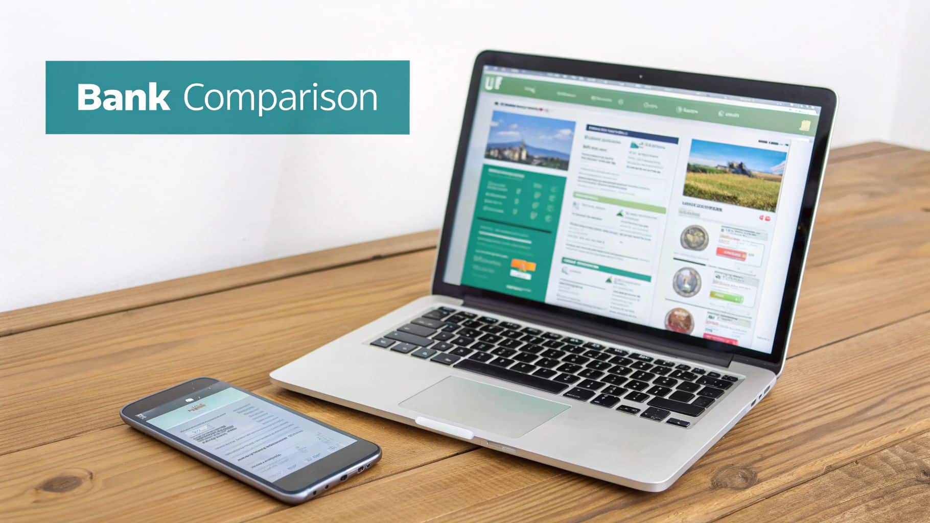 Ein Laptop und ein Smartphone liegen auf einem Holztisch und zeigen eine Webseite zum Bankenvergleich.