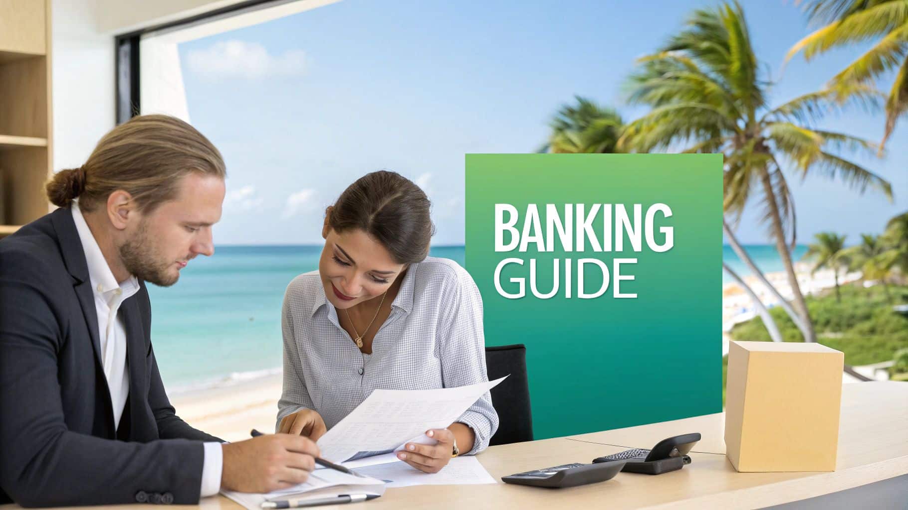 Zwei Fachleute prüfen Finanzdokumente an einem Schreibtisch mit Blick auf einen tropischen Strand und einem Schild mit der Aufschrift „Banking Guide“.