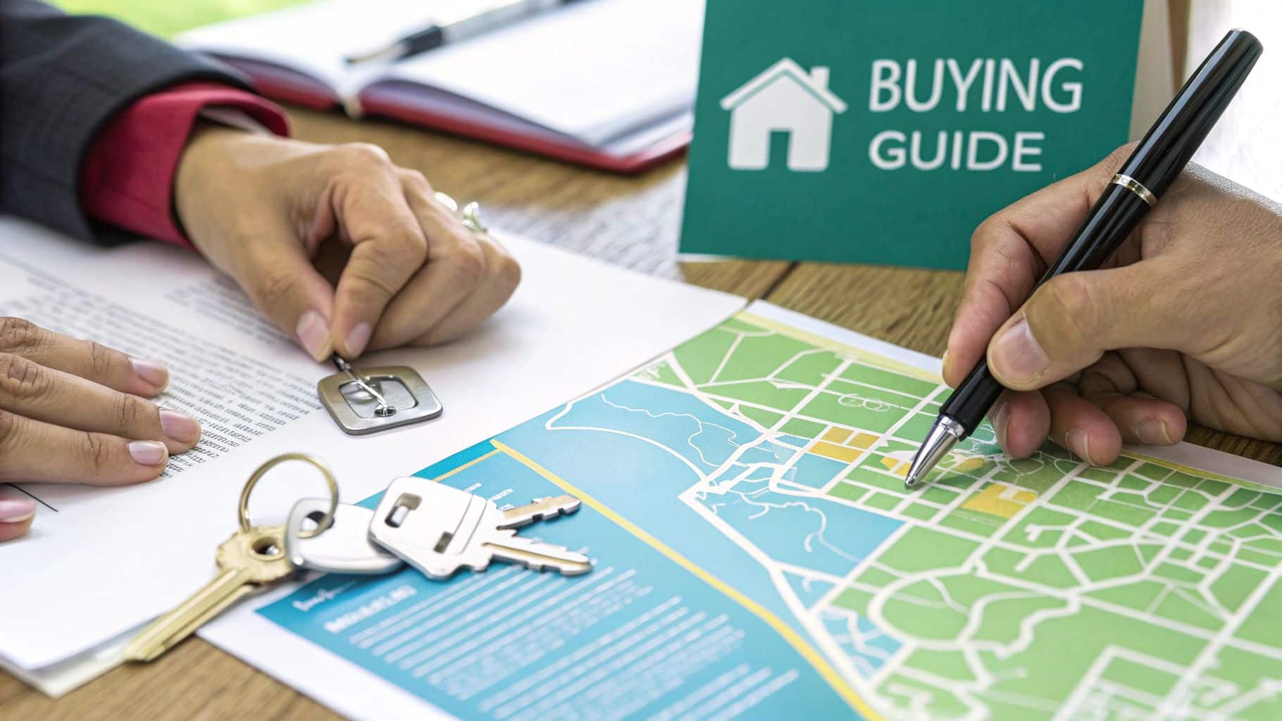 Two people reviewing a property map, house keys, and a 'Buying Guide' during a real estate consultation.