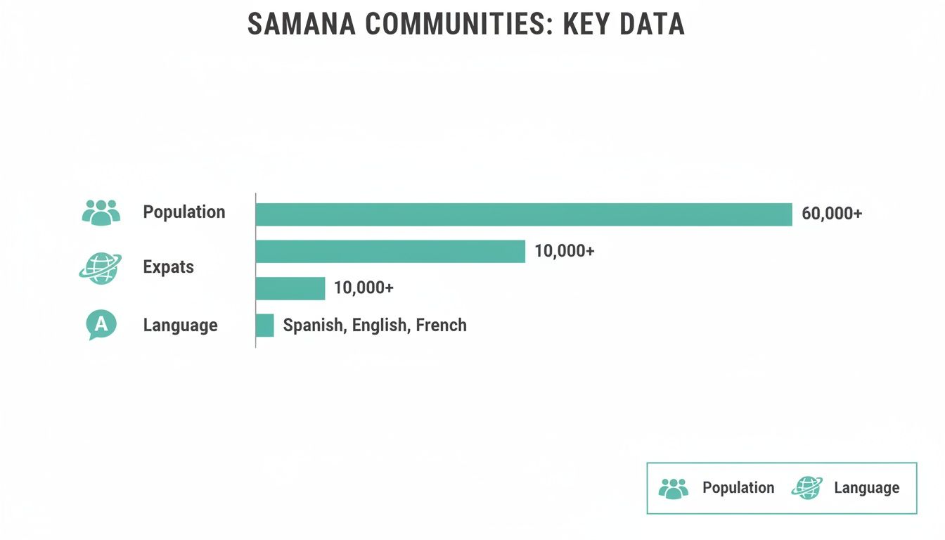 A bar chart titled 'Samana Communities: Key Data' showing population 60,000+, expats 10,000+, and languages Spanish, English, French.