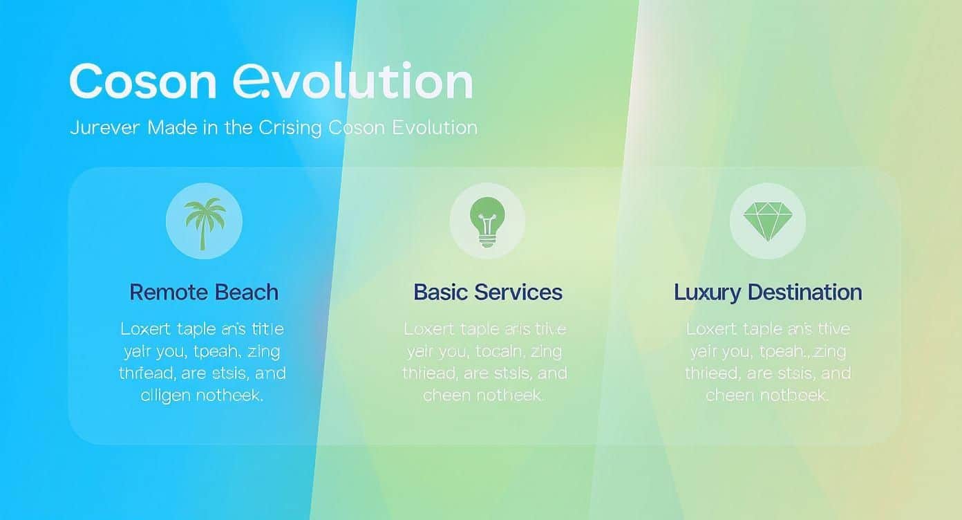 Una presentación de diapositivas que muestra Coson Evolution, con tres secciones: Playa remota, Servicios básicos y Destino de lujo.