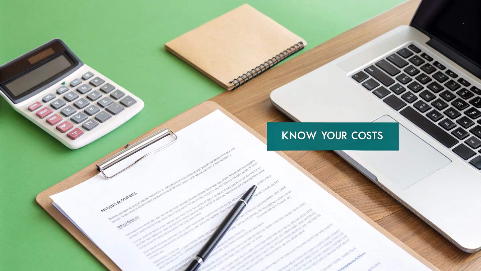 A financial workspace with a calculator, laptop, clipboard, pen, and notebook on a green and wood desk, featuring 'KNOW YOUR COSTS' text.