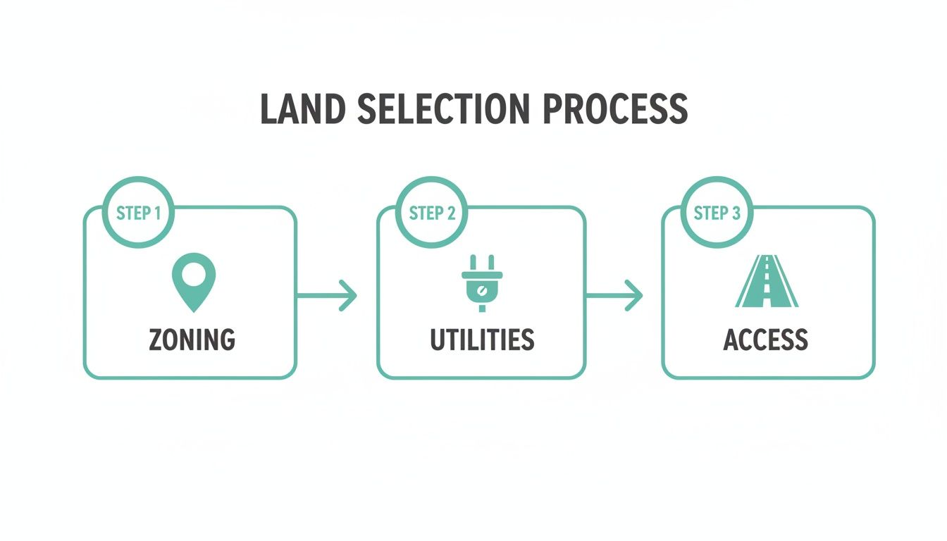 Infographic showing the land selection process with steps for zoning, utilities, and access.
