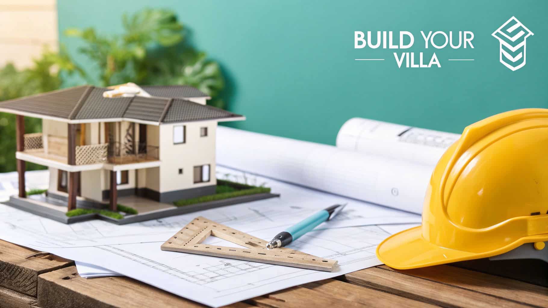 A model villa, architectural plans, a hard hat, and tools on a table with 'BUILD YOUR VILLA' text.