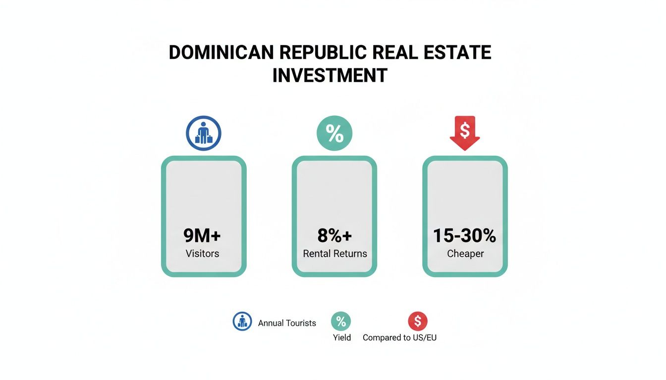 Infographic showing Dominican Republic real estate investment benefits: 9M+ visitors, 8%+ rental returns, and 15-30% cheaper.