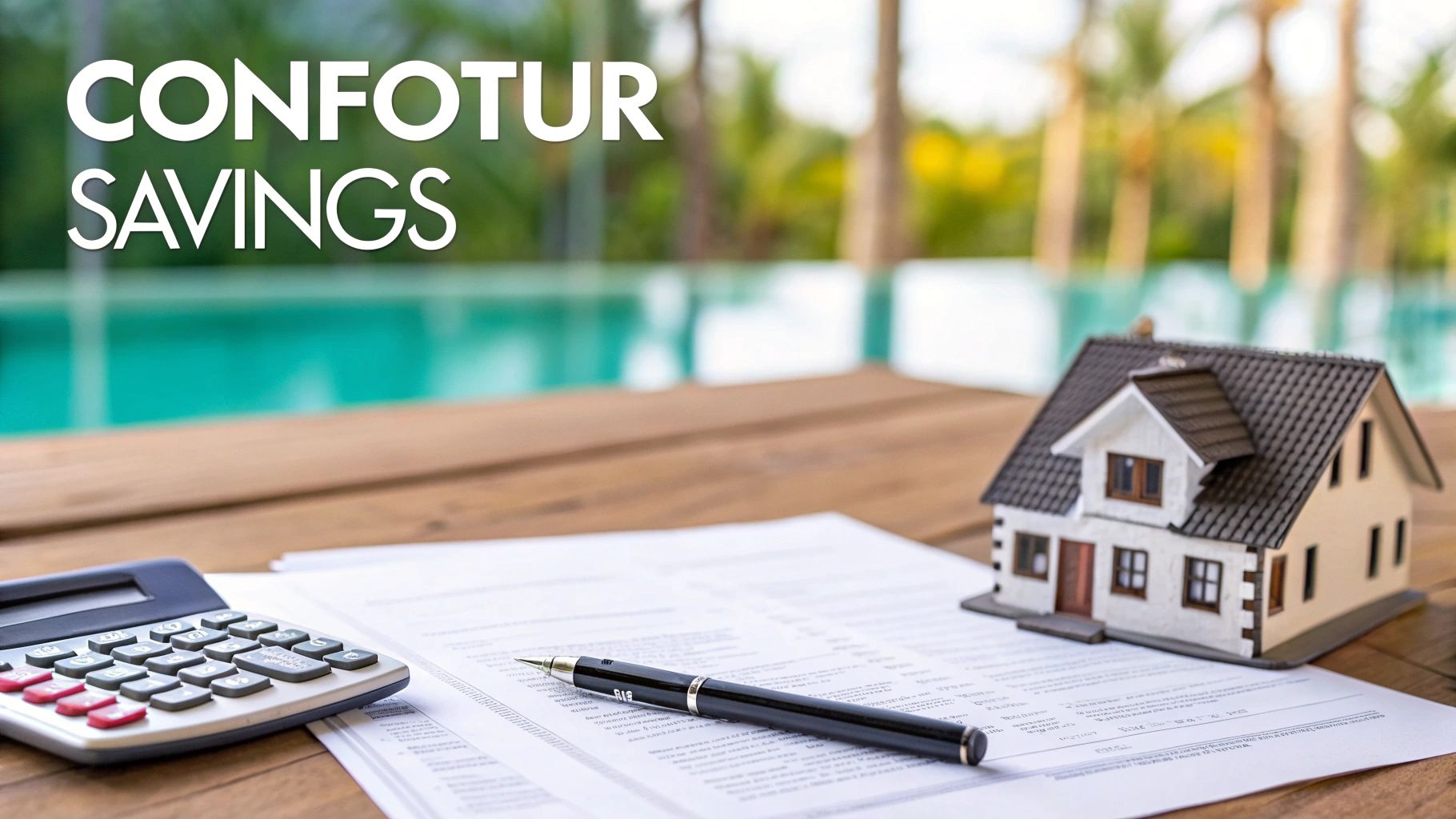 Miniature house model, calculator, pen, and documents on a wooden table with a pool background, symbolizing real estate savings.