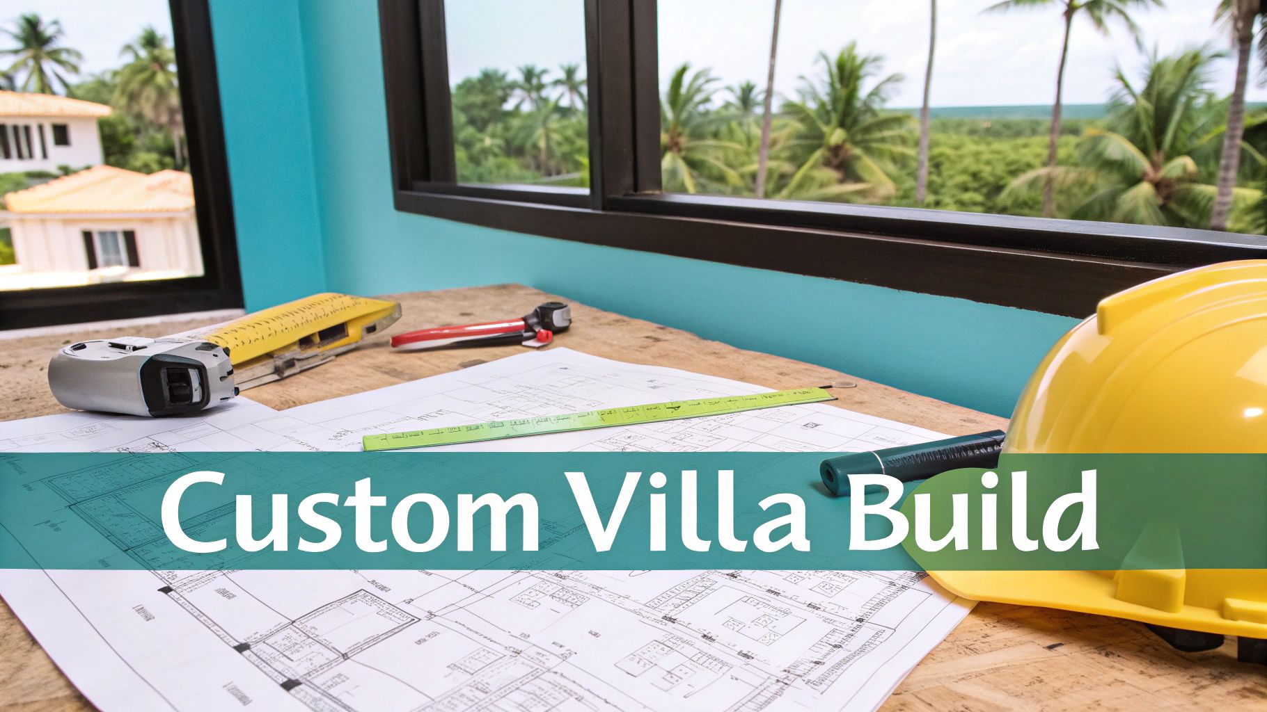 Architectural blueprints and construction tools on a table with a tropical villa view, featuring 'Custom Villa Build' text.