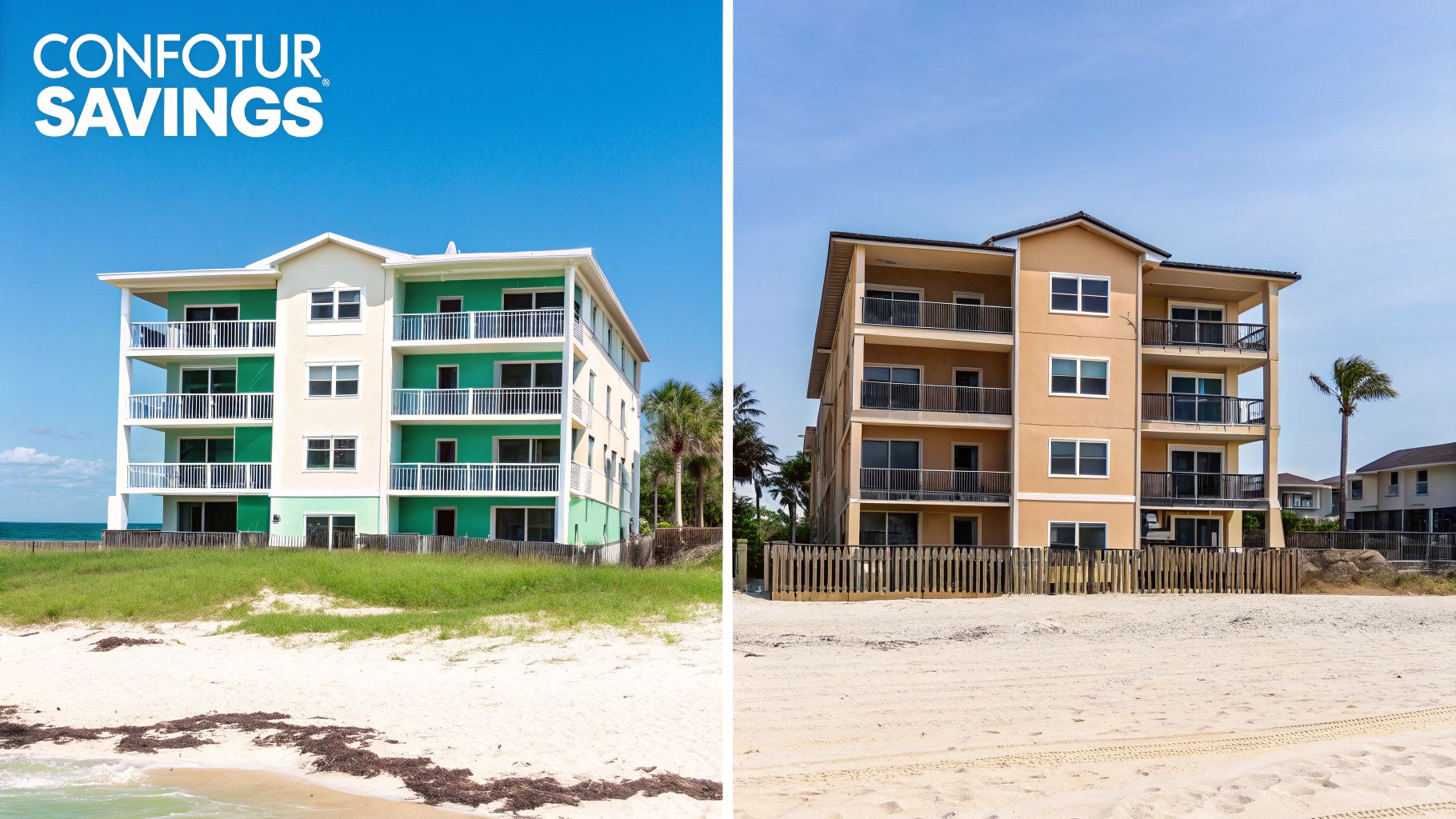 Two modern beachfront buildings with balconies overlook a sandy beach and the clear blue ocean.