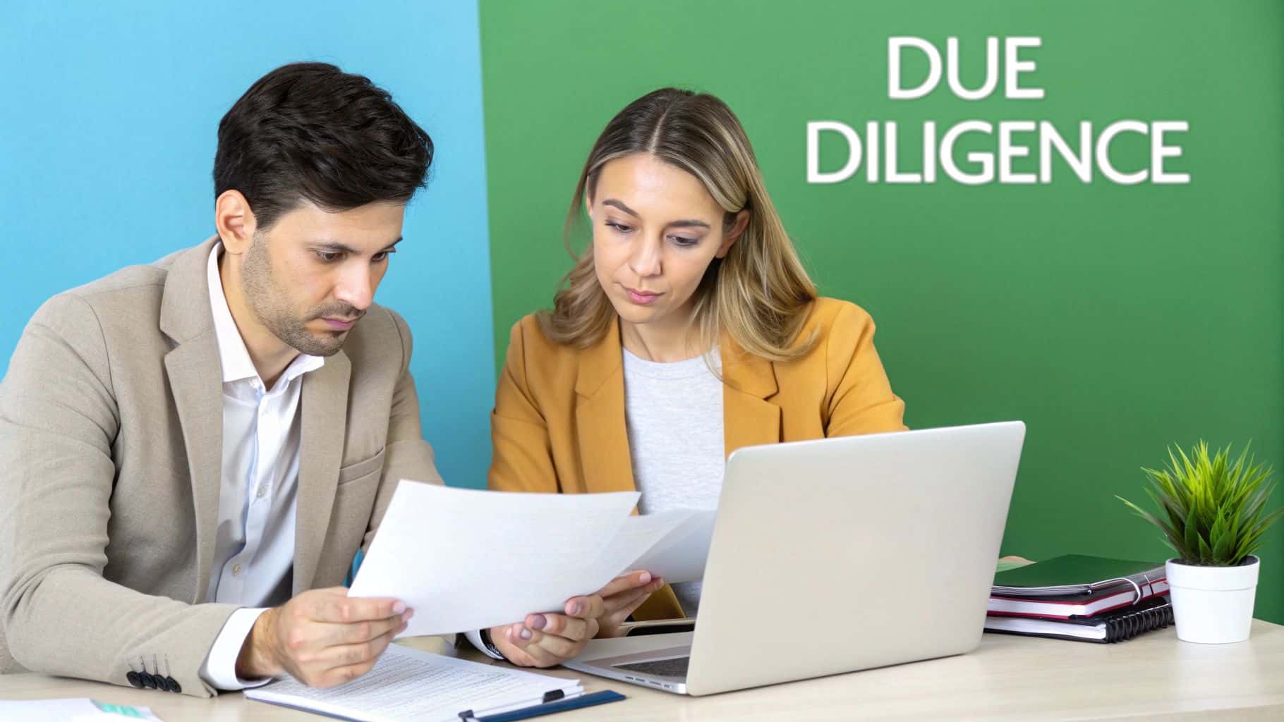 Two professionals review documents and use a laptop on a desk, with “Due Diligence” on the wall.