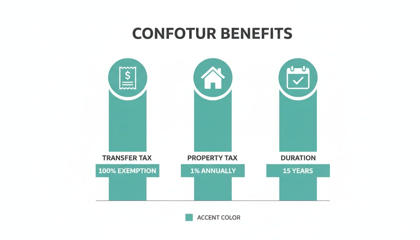 Infographic displaying CONFOTUR benefits: 100% transfer tax exemption, 1% annual property tax, and 15-year duration.