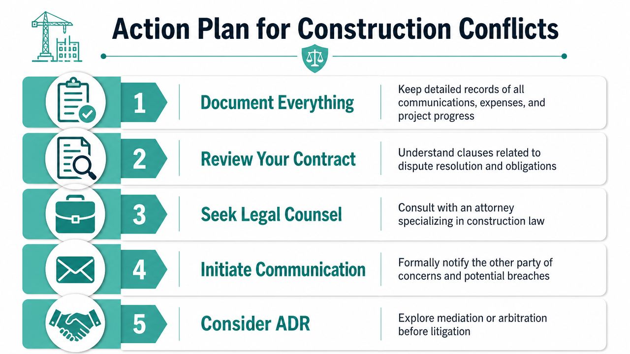 An infographic titled Action Plan for Construction Conflicts listing five numbered steps for resolving legal construction issues.