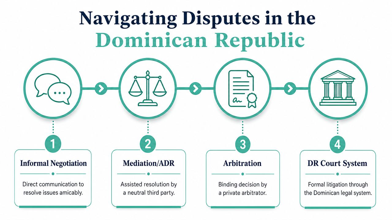 A four-step infographic illustrating the progression of dispute resolution methods in the Dominican Republic.