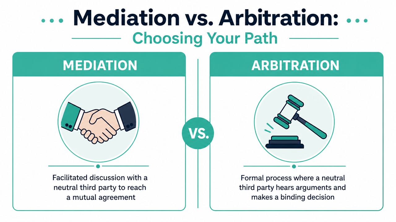 An infographic comparing mediation and arbitration as two distinct methods for resolving legal or business disputes.