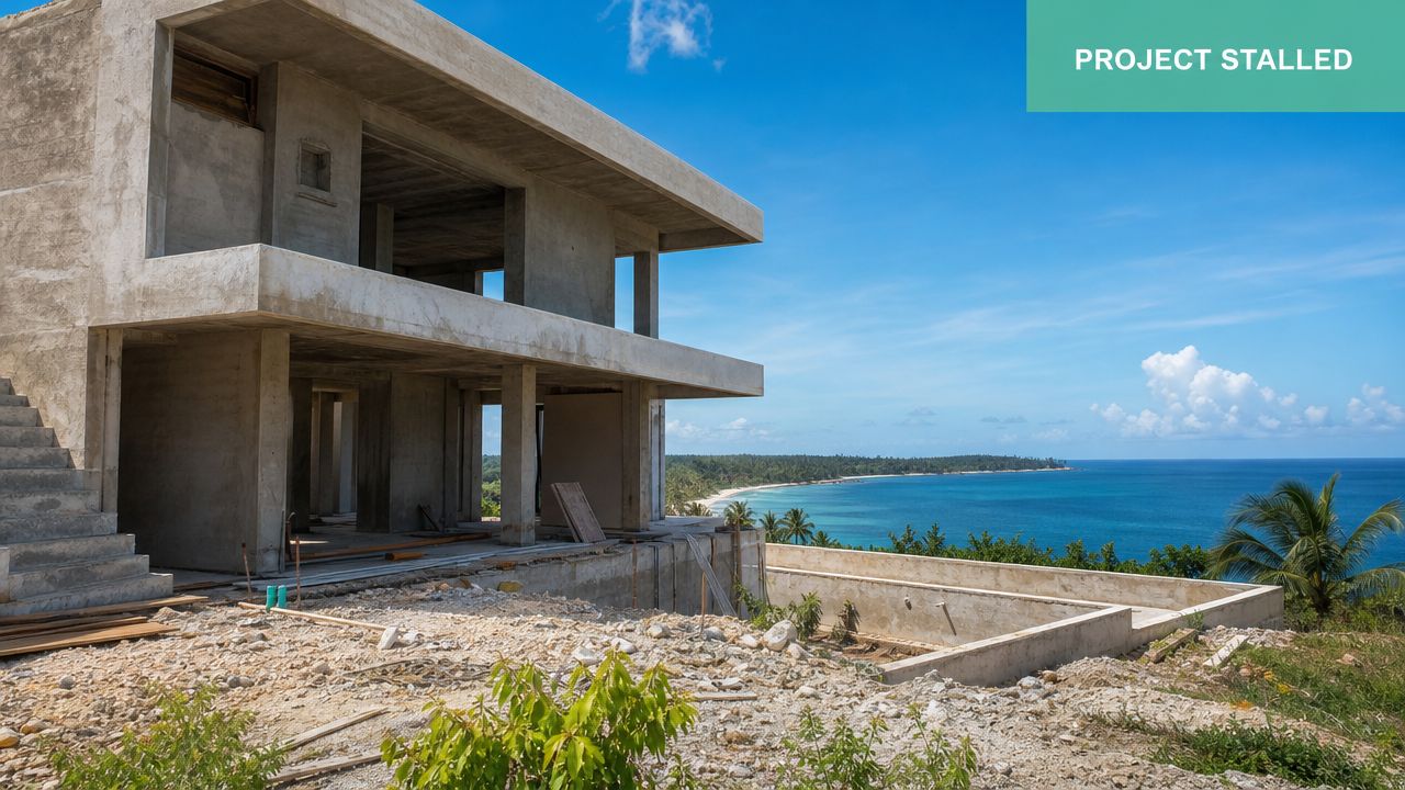 An unfinished concrete villa frame overlooking a tropical coastline with a blue ocean and palm trees.