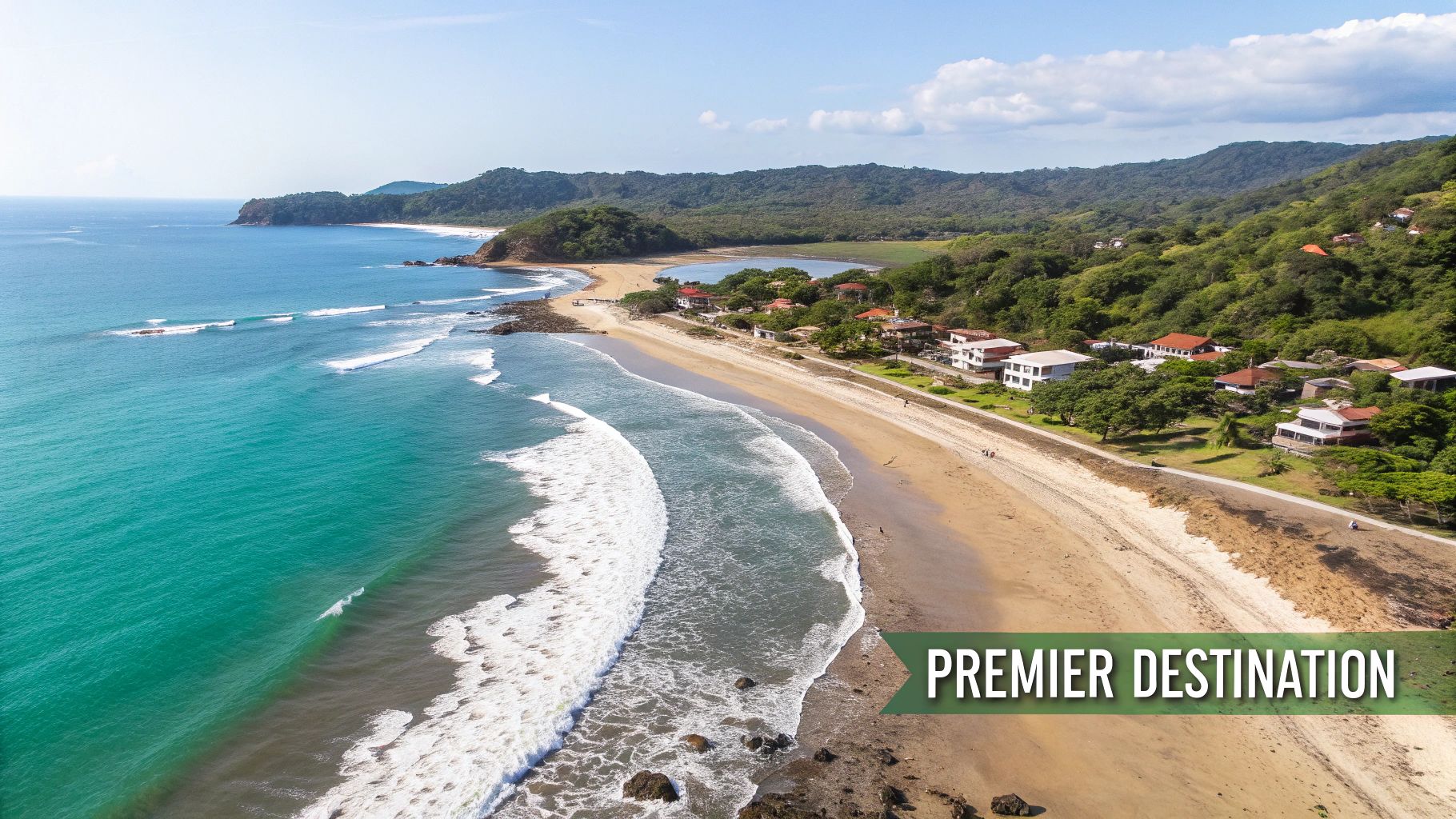 Vista aérea de una impresionante playa tropical con océano turquesa, casas costeras, colinas verdes y una pancarta de "Destino Premier".
