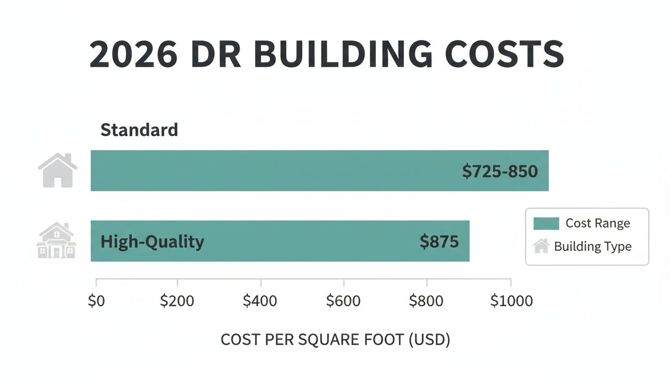Bar chart illustrating 2026 Dominican Republic building costs for standard (5-850) and high-quality (5) homes per square foot.