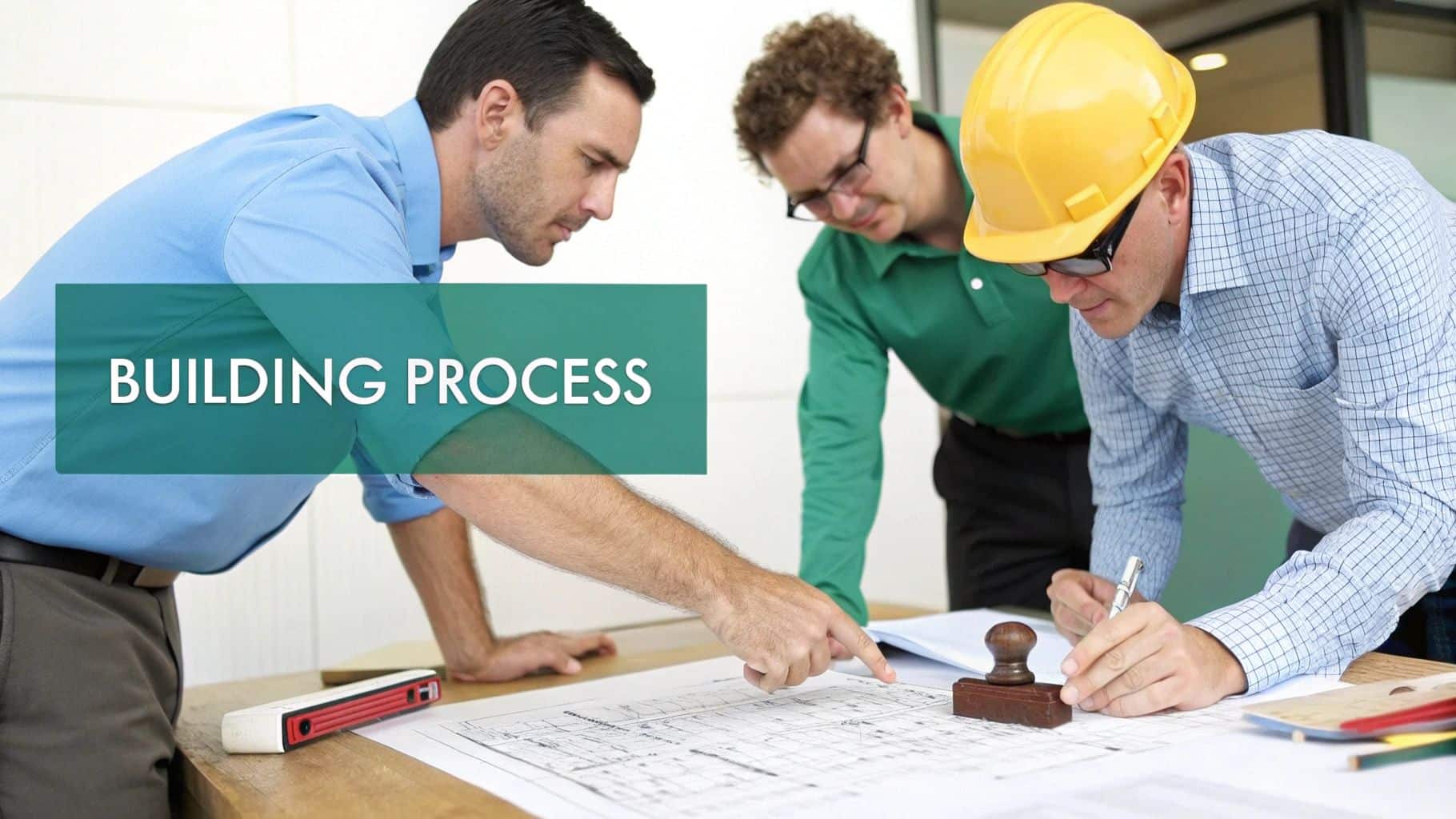 Three construction professionals review building plans and blueprints on a table, discussing the process.