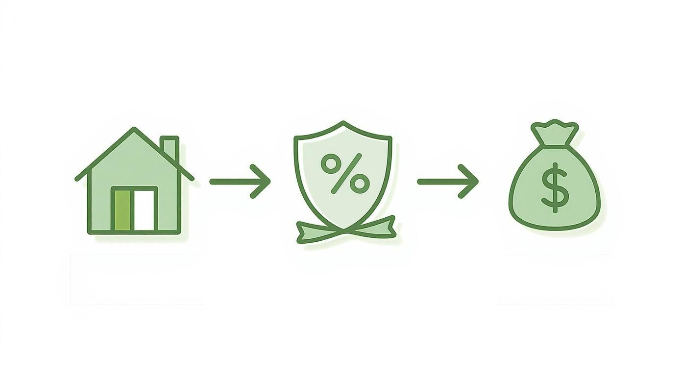 Green icons depict a house, a percentage shield, and a money bag, illustrating property finance.