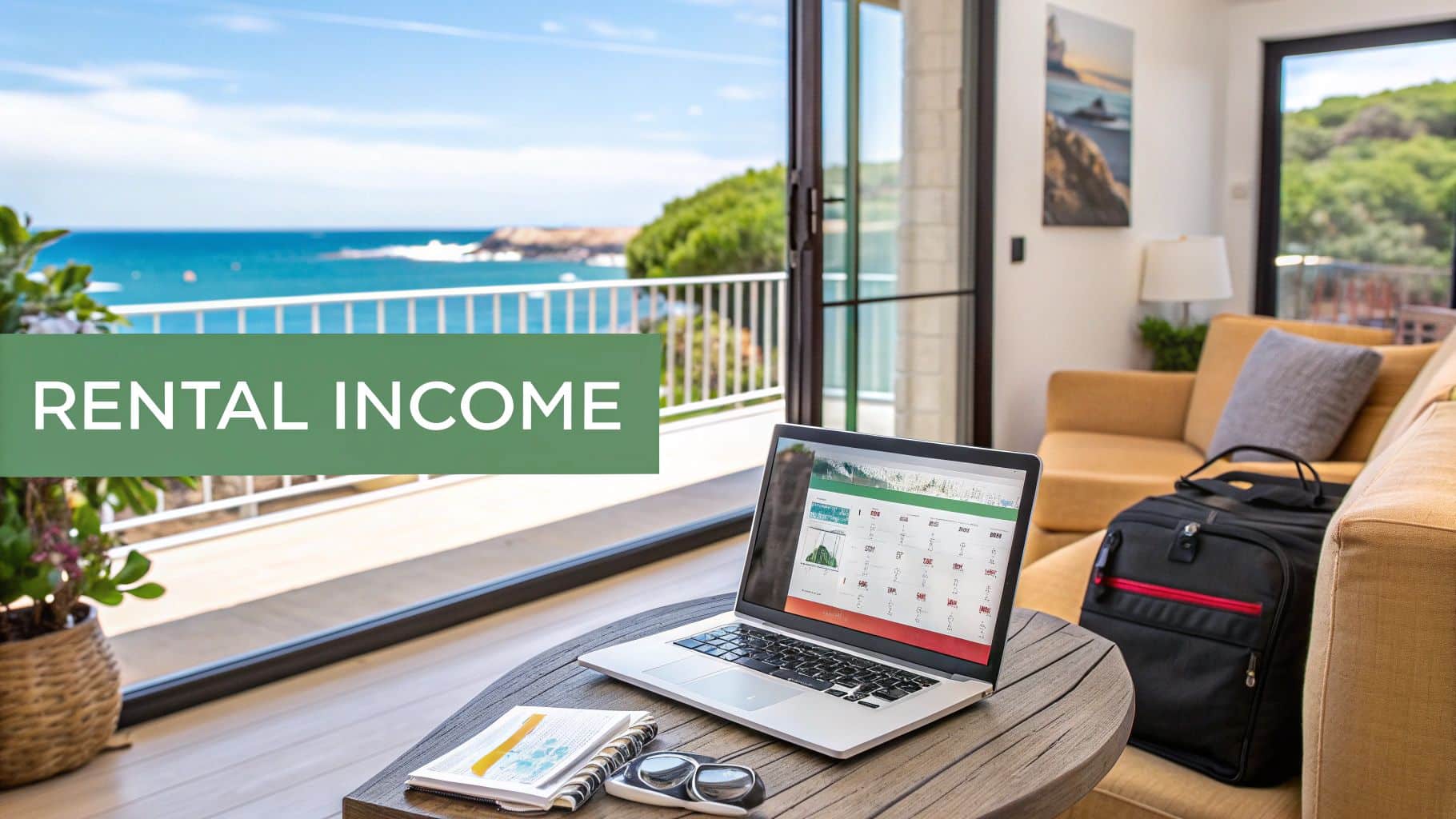 A laptop on a coffee table displaying a rental calendar, with 'RENTAL INCOME' text, overlooking a sunny ocean view.