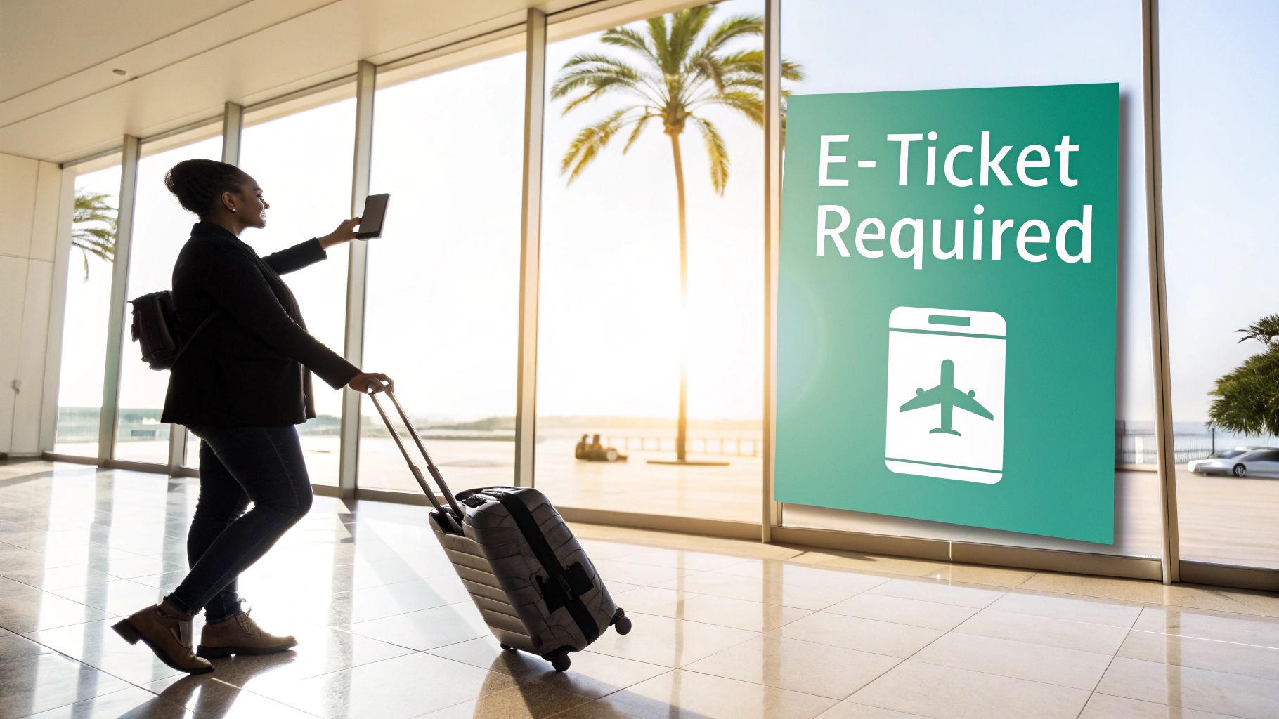 Woman traveler with e-ticket on phone and luggage at a sunny airport terminal.