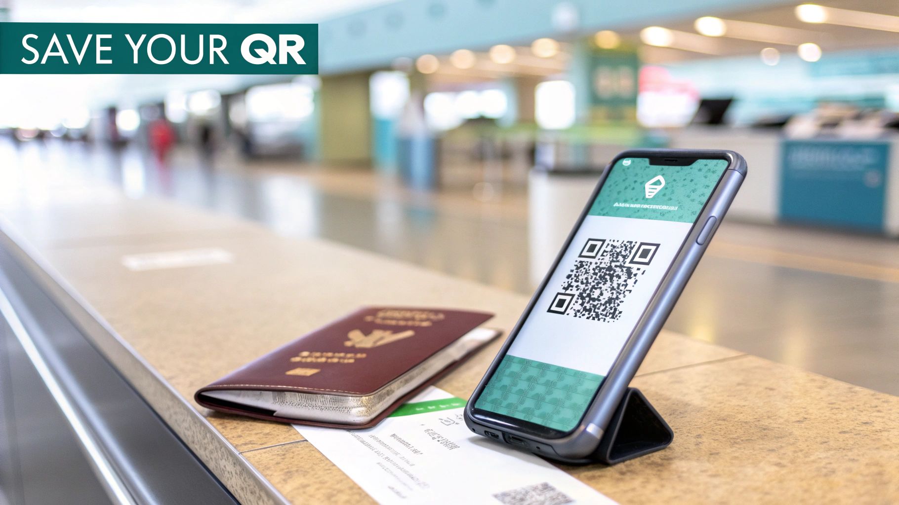 A smartphone showing a travel QR code next to a passport and ticket on an airport counter.