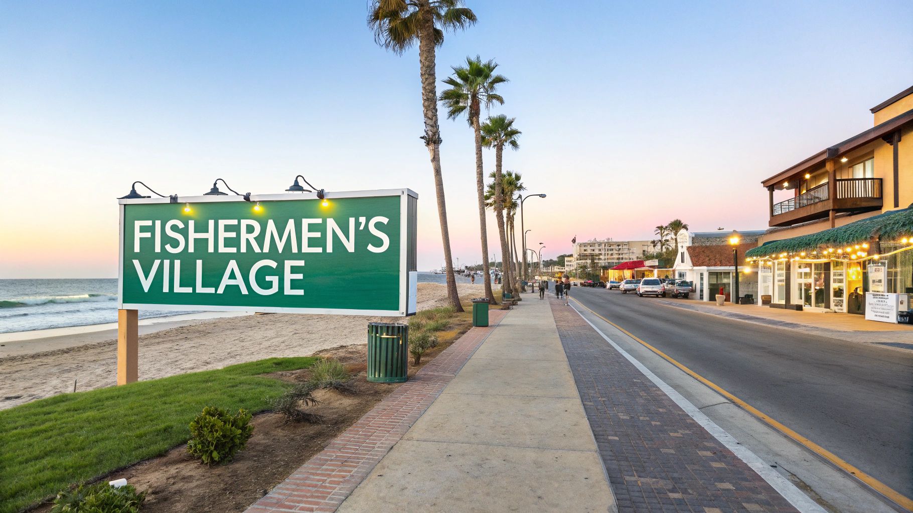 Green Fishermen's Village sign on a beach, with a street, palm trees, and illuminated shops at dusk.