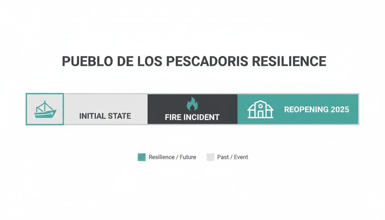 Resilience timeline for a fishing village, showing initial state, fire incident, and reopening in 2025.