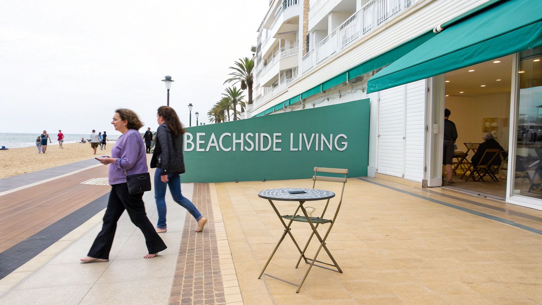 People walk on a boardwalk by a sandy beach with a building featuring a 'Beachside Living' sign.