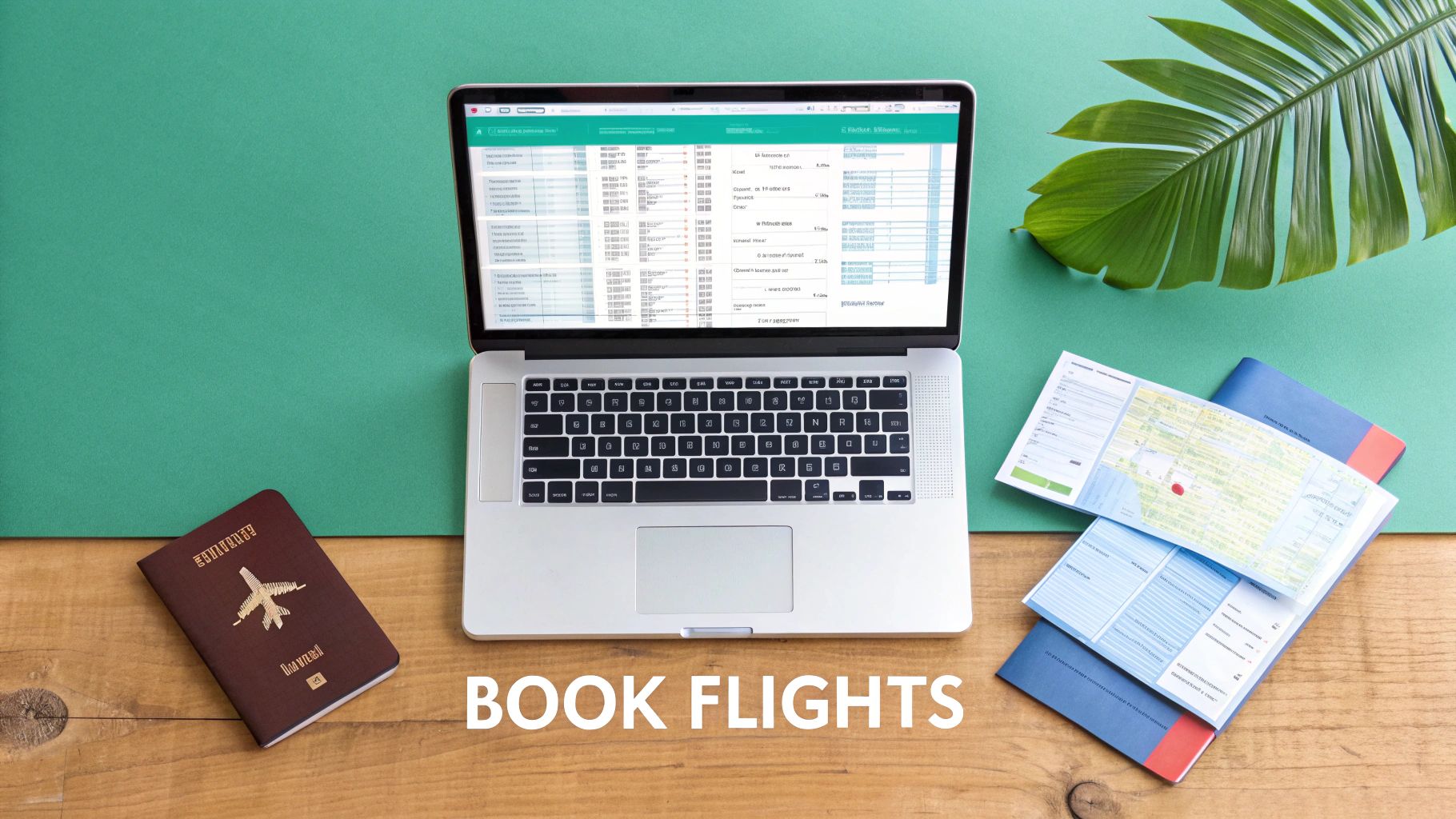 Overhead view of a travel planning setup with a laptop showing flight search, a passport, and tickets.